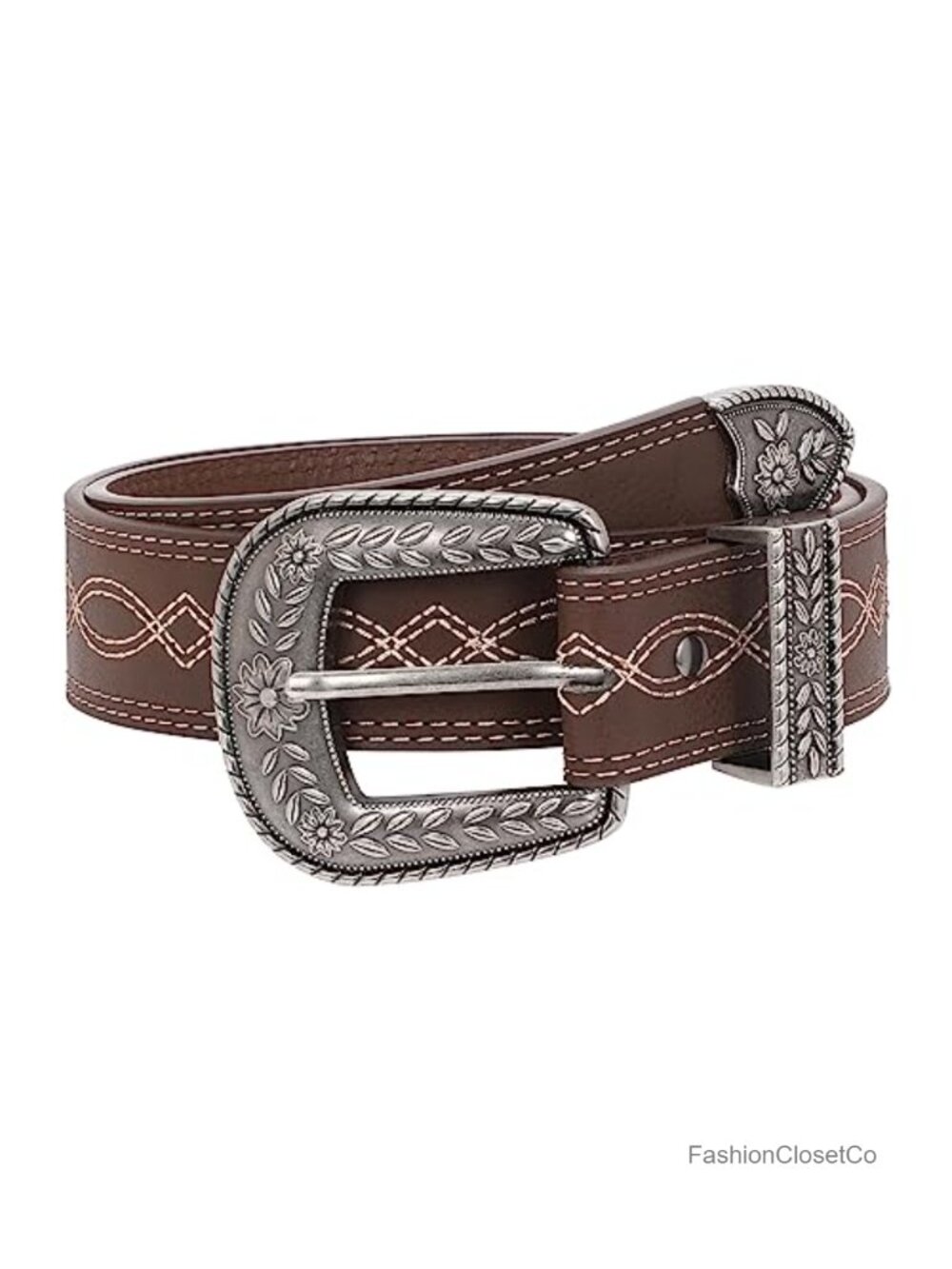 Faux Leather Floral Belt Women's Adjustable Waist Belt 1.3" Wide